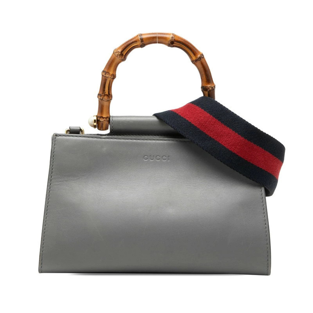 Gucci Bamboo Pearl 2way Shoulder Bag Gray Ivory White Leather